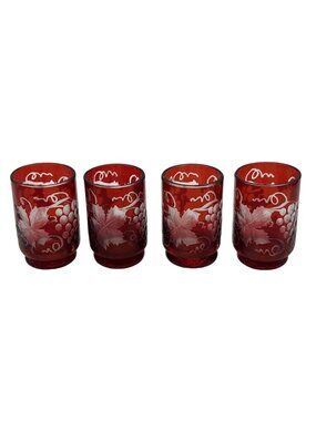 Vintage Ruby Red Grape Cluster Cut To Clear Bohemian Glass Cordials Set Of 4